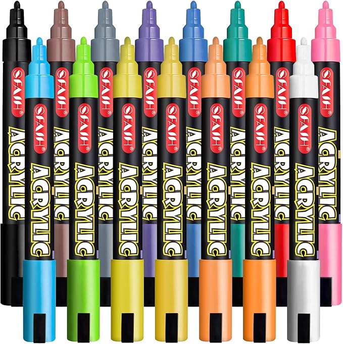 SFAIH Acrylic Creative Markers - 3mm Replaceable Nibs 15 Colors, Large Ink Capacity, Ultra-High Coverage, Non-Bleeding Water-Based Ink, Drawing Markers for Art Supplies, Wood, Fabric, Rock Painting