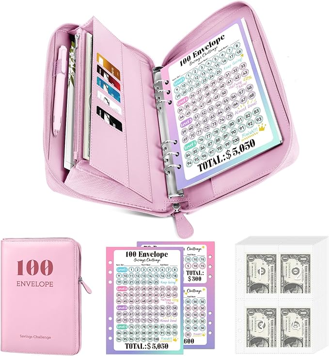 Sooez Savings Challenges Book with Extra Pocket Storage, Zipper Closure 100 Envelopes Money Saving Challenge, PU Saving Binder with Cash Envelope & Laminated Tracker for Cash Bill, 8.3”x 10.5”, Pink