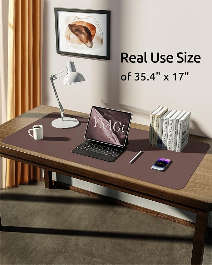 YSAGi Leather Desk Protector, Office Mat, Large Mouse Mat, Non-Slip PU Leather Blotter, Laptop Desk, Waterproof Writing Pad for Office and Home (Chocolate, 35.4" x 17")