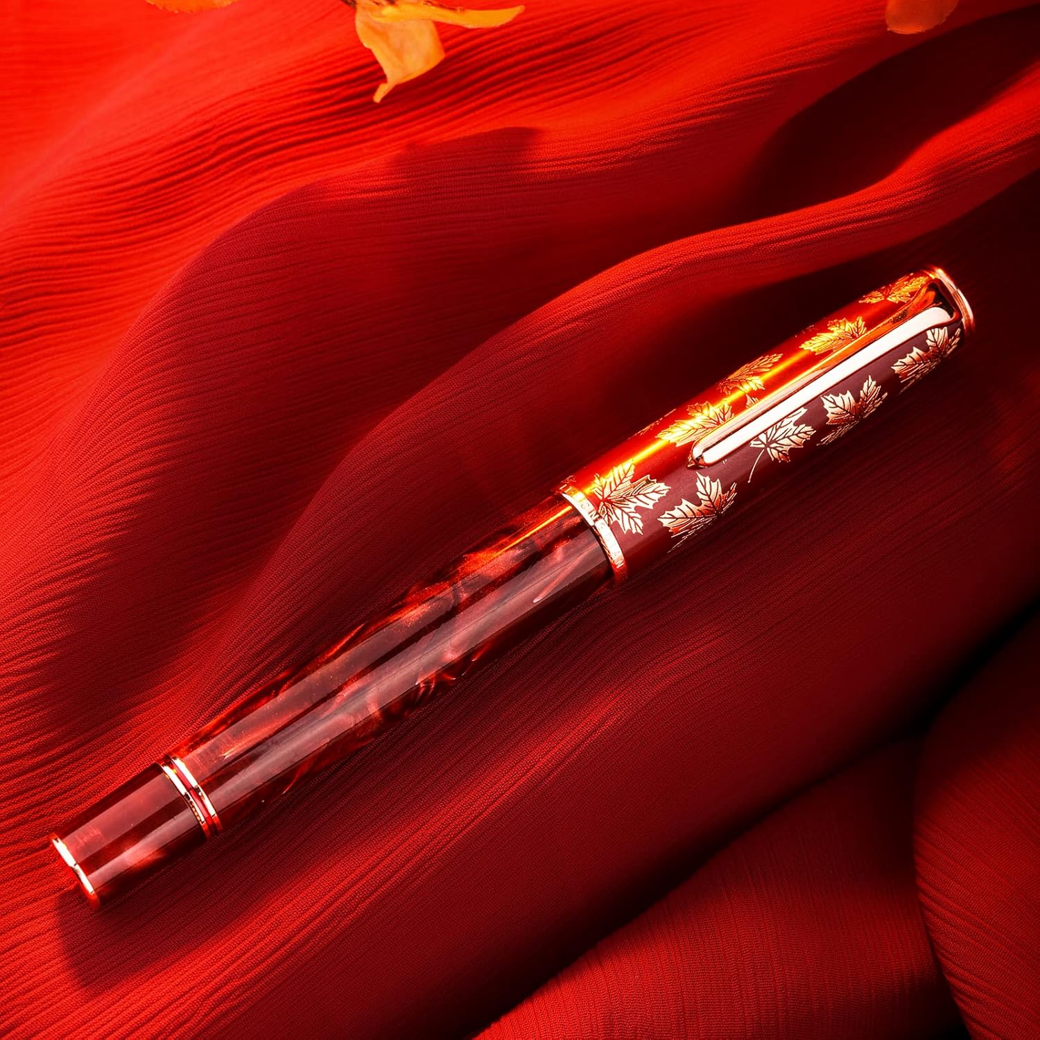Hongdian N8 Red Acrylic Resin Fountain Pen, Iridium Medium Nib Rose Gold Trim Maple Leaf Carving Cap, Smooth Writing Pen with Converter and Metal Pen Box Set