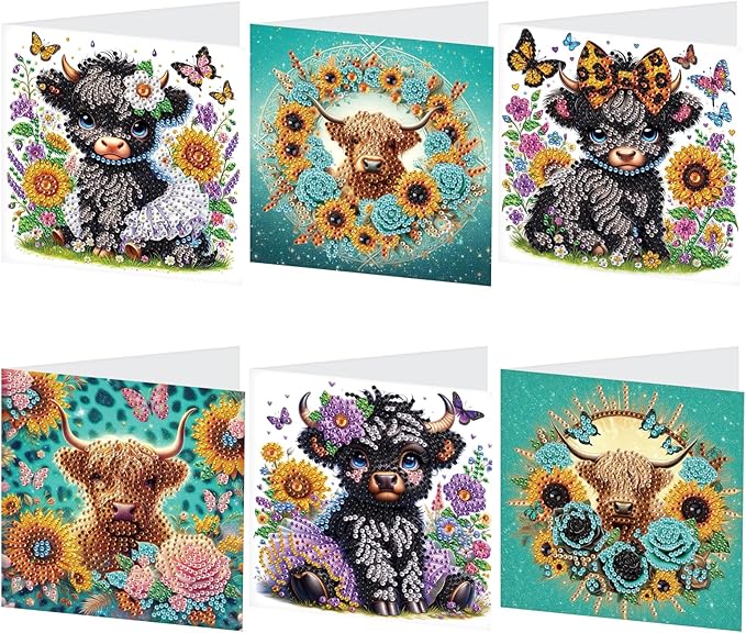 Tontut 6pcs Diamond Art Painting Kit Greeting Card, Sunflower Yellow Cow 5D DIY Diamond Handmade Holiday Greeting Card with Envelope, Holiday Gift Congratulation