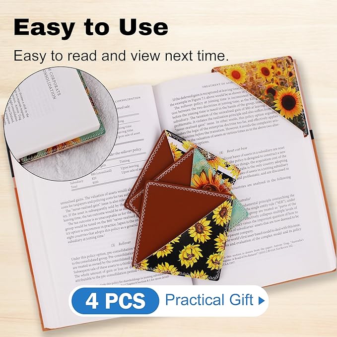 4 Pieces Leather Bookmarks, Cute Book Accessories for Reading Lovers, Page Markers for Women Men Kids Students Teachers Retirement Birthday Gift (Sunflower)