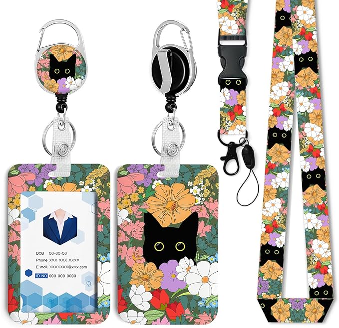 Cute Cat Hidden in The Flowers Badge Holder with Retractable Reel and Breakaway Lanyard，Badge Clips Retractable Heavy Duty Badge Reel，ID Holder with Breakaway Lanyard for School Nurse Office Teen ﻿