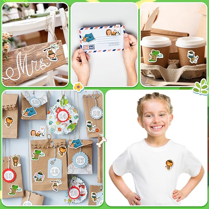1 Roll Animal Stickers Reward Cute Space Stickers Office Supplies Incentives Sticker Animal Party Favor Decal, 500 Pcs Each Roll(Camping Animal)