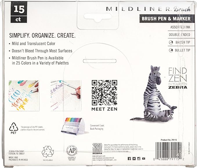 Zebra Pen Mildliner Brush Marker, Double Ended Brush and Fine Tip Pen, Assorted Soft Colors, 15 Count (Pack of 1)