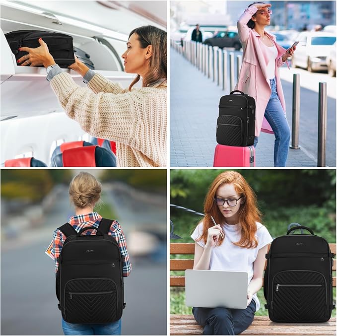 Travel Backpack for Women, Carry On Backpack for Airplanes Flight Approved, Waterproof Large Weekender Overnight Bag Fit 17 Inch Laptop, Black