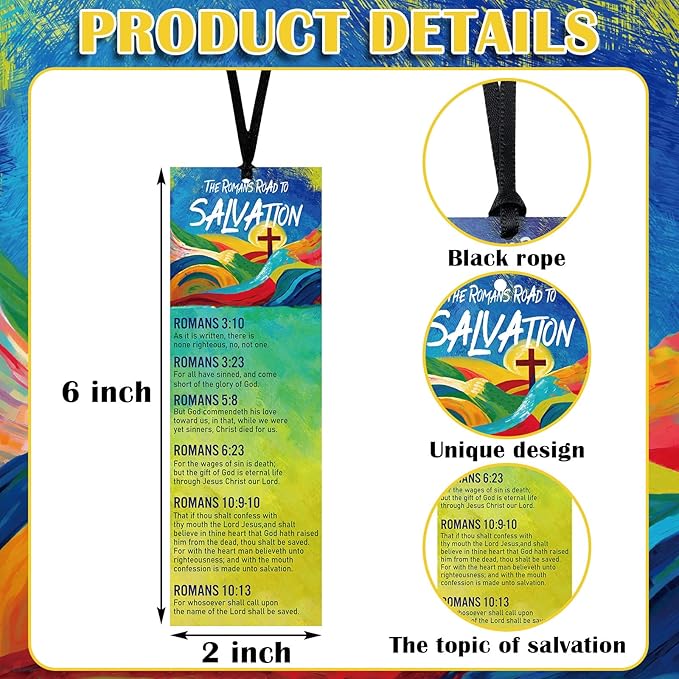 50 Pcs Romans Road to Salvation Bookmarks 6 x 2 Inches Roman's Road Cardstock Bookmark with 50 Pcs Hanging Strings