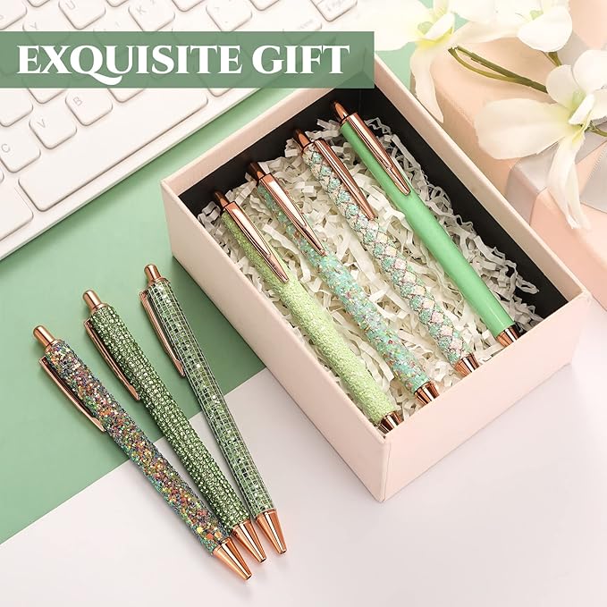 Sherr 7 Pcs Fancy Pens for Women Cute Sparkly Glitter Pens with 10 Pcs Black Ink Refills Pretty Gifts for Girls Office School Christmas Graduation(Green,Fresh)