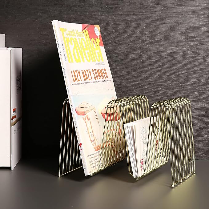 MyGift Metal Gold Folder Organizer for Desk, Magazine Holder 9 Sections, Decorative Vinyl Record Holder, Office File Organizer Rack