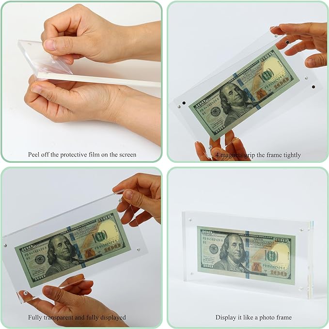 Dollar Bill Frame Display Acrylic Dollar Bill Holder 3.9X7.8Inch Thickened Frame for Dollar Bill Display Case Magnet Currency Display Frame Self Standing for Money Ticket Picture Photos Display Case
