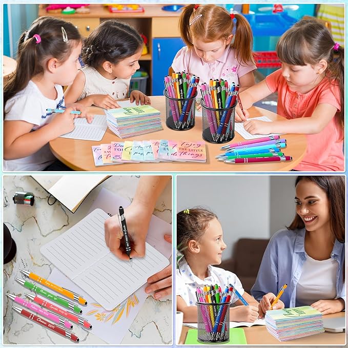 48 Pcs Watercolor Bulk Motivational Pens Inspirational Notepads Set, Pocket Motivational Quote Notebooks Ballpoint Pens, Mini Journals Gift Set for Kids Students Teachers School Office Prizes Supplies