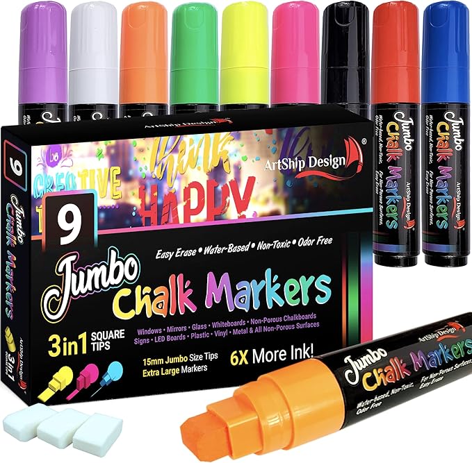 ArtShip Design 9 Jumbo Chalk Markers 15mm 3-in-1 Square Tip Liquid Chalk Pens Wet Erasable - Windows, Menu Boards, Glass, White Boards, Classrooms, Mirrors, Non-Porous Chalk Boards, Plastic, Metal
