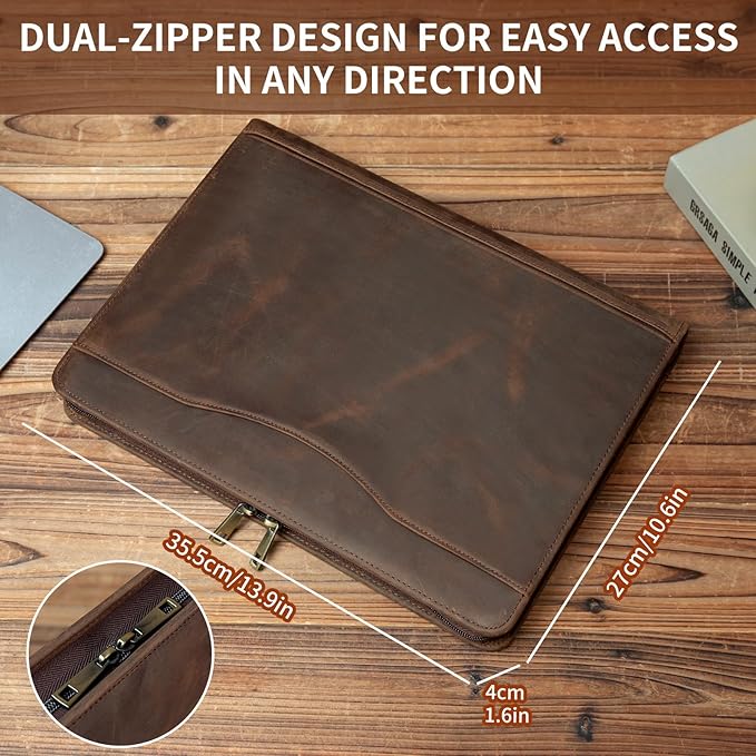 YIWEN Handmade Crazy-Horse Leather 3 Ring Binder Portfolio Padfolio Folder with Zipper for Men and Women, Business Organizer for Letter A4 Size for Meeting and Travel (Non-custom, Dark Khaki)