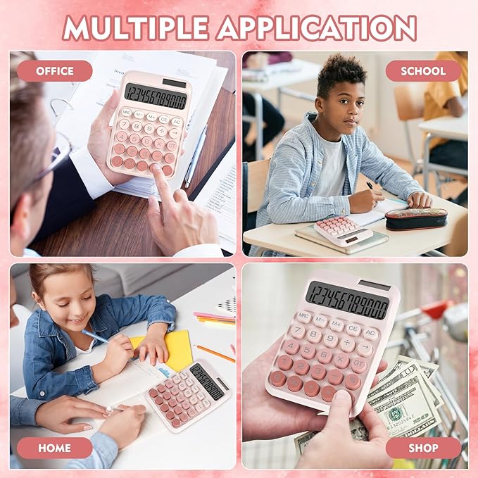 Mechanical Switch Calculator with Big Buttons, Calculators Desktop, 12 Digits, Solar Battery Power, Desk Calculator, Large LCD Display, Cute Pink Calculator for Teachers Students Basic Office