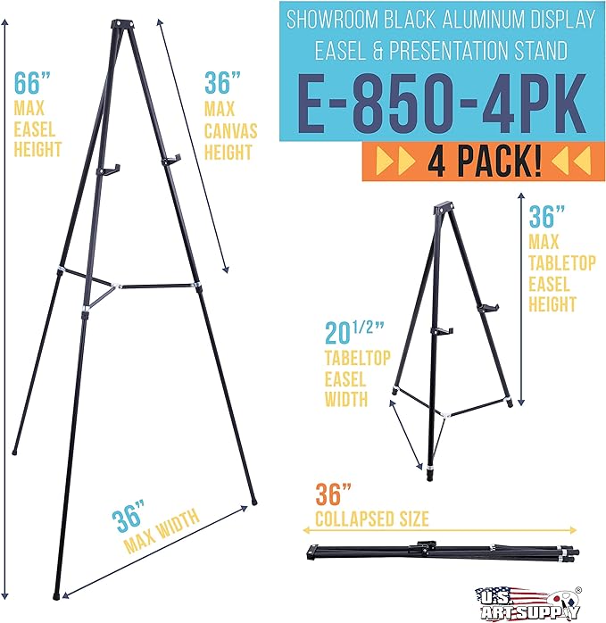 U.S. Art Supply 66" High Showroom Black Aluminum Display Easel and Presentation Stand (Pack of 4) - Large Adjustable Height Portable Floor and Tabletop Tripod, Holds 25 lbs, Paintings, Signs, Posters