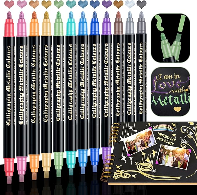 Metallic Markers for Scrapbooking: 12 Scrapbook Markers, Scrapbook Metallic Pens for Black Paper, Rock, DIY Card Decorative, Wedding, Graduation Scrapbook Supplies, Dual Tips Scrapbooking Pens