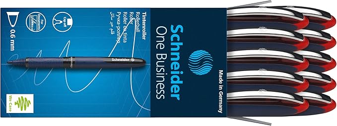 Schneider One Business Rollerball Pen, 0.6 mm Ultra-Smooth Tip, Blue Barrel, Red Ink, Box of 10 Pens (183002)