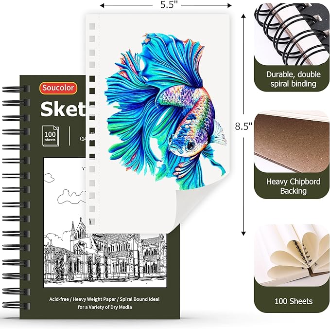 Soucolor 5.5" x 8.5" Sketchbook Pack of 2, 200 Sheets Sketch Book, Spiral Bound Sketch Pad Drawing Book Acid-Free Paper (68lb/100gsm), Painting Sketching Drawing Art Supplies for Adults Kids Teens