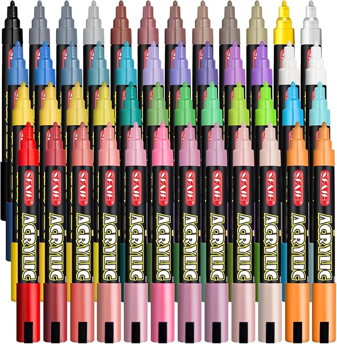 SFAIH Acrylic Creative Markers Set of 48 with Organizer, 3mm Medium Tips - 48 Colors, Waterproof, Fast Drying, Gift for Kids and Adults - Art Supplies, Fabric Paint, Rock Painting, Art Markers