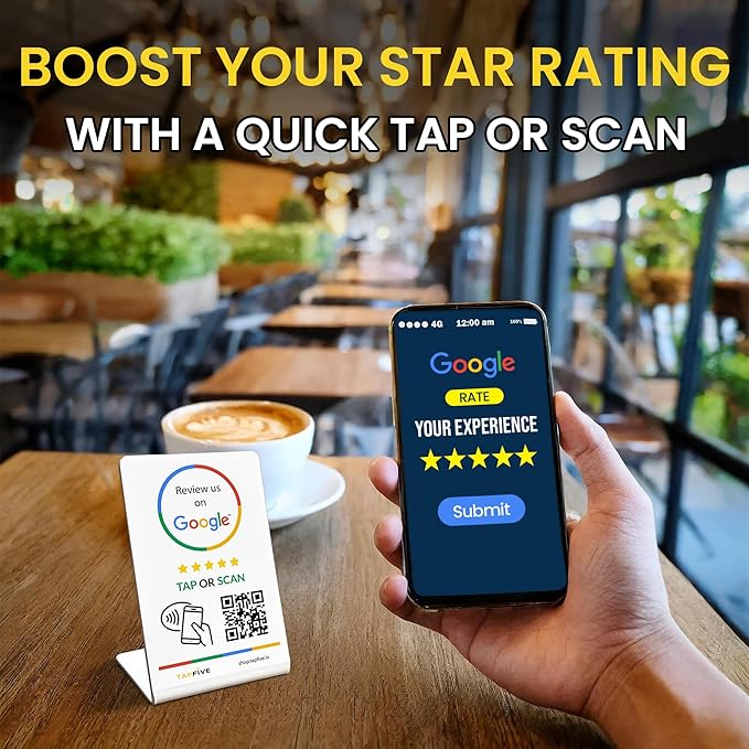 Tap Google Review Stands (3-Pack) Tap for Instant Reviews - All Phones Compatible - Reusable Smart Tap NFC & QR - Boost Business Reviews Zappy Fast - Powered (White, 3 Stands)