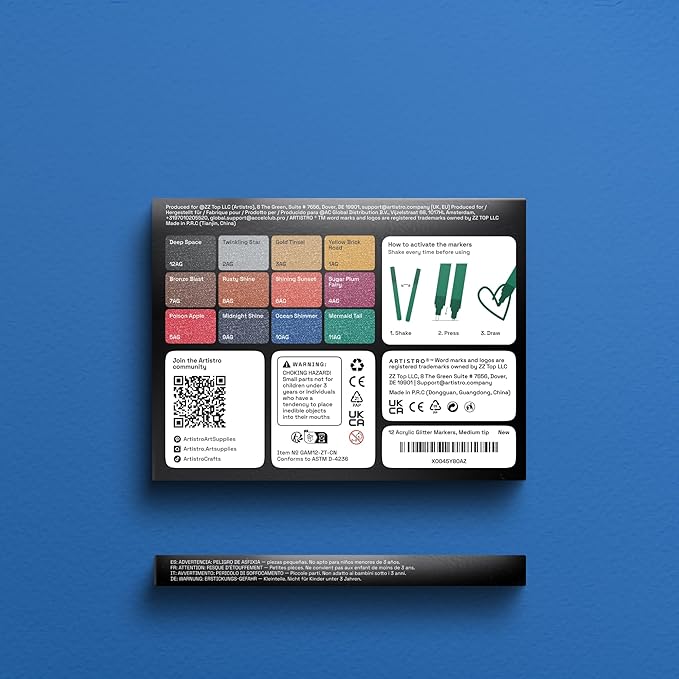 ARTISTRO 12 Glitter Paint Pens Sparkly and Shiny for Rock Painting, Stone, Ceramic, Glass, Wood, Fabric, Scrapbooking, DIY Craft Making, Coloring, Acrylic Glitter Markers, Medium Tip 3.0mm