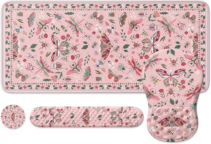 iLeadon Pink Large Desk Mat for Keyboard and Mouse,Ergonomic Massage Wrist Rest Set for Computer Keyboard,Big Flora Mouse Pad XXL+Cup Coaster with Non-Slip Base for Women Home Office,Pink Insect