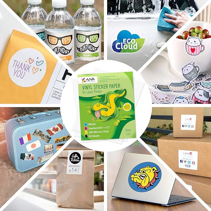 Printable Vinyl Sticker Paper for Laser Printer - Matte White - 50 Self-Adhesive Sheets - Waterproof Decal Paper - Standard Letter Size 8.5"x11"