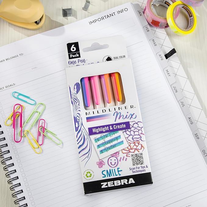 Zebra Pen Mildliner Mix Dual Color Highlighter Marker Set, Chisel Tip, Ideal for Bible Highlighting, No Bleed, Assorted Colors, 6-Pack (77706)
