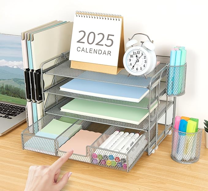gianotter Paper Organizer with File Holder for Desk, 4 Tier Letter Tray Office Desk Organizers and Accessories - Workspace Drawer 2 Pen Supplies (Grey), Gray, 4T-2
