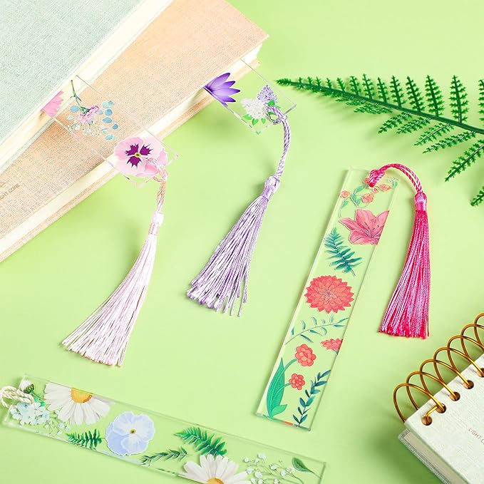 8 Sets Flower Acrylic Bookmarks Transparent Acrylic Bookmarks Cute Floral Bookmarks with Colorful Tassels for Women Teacher Book Lovers, 8 Styles
