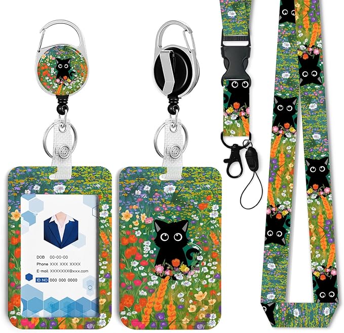 Cute Cat Hidden in The Flowers Badge Holder with Retractable Reel and Breakaway Lanyard，Badge Clips Retractable Heavy Duty Badge Reel，ID Holder with Breakaway Lanyard for School Nurse Office Teen ﻿3