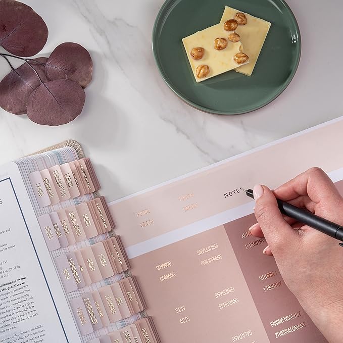 DiverseBee Laminated Bible Tabs (Rose Gold Embossed Lettering), Bible Journaling Supplies, Bible Book Tabs, Christian Gift, 73 Bible Tabs for Women and Men, Includes 4 Blank Tabs (Pearl)