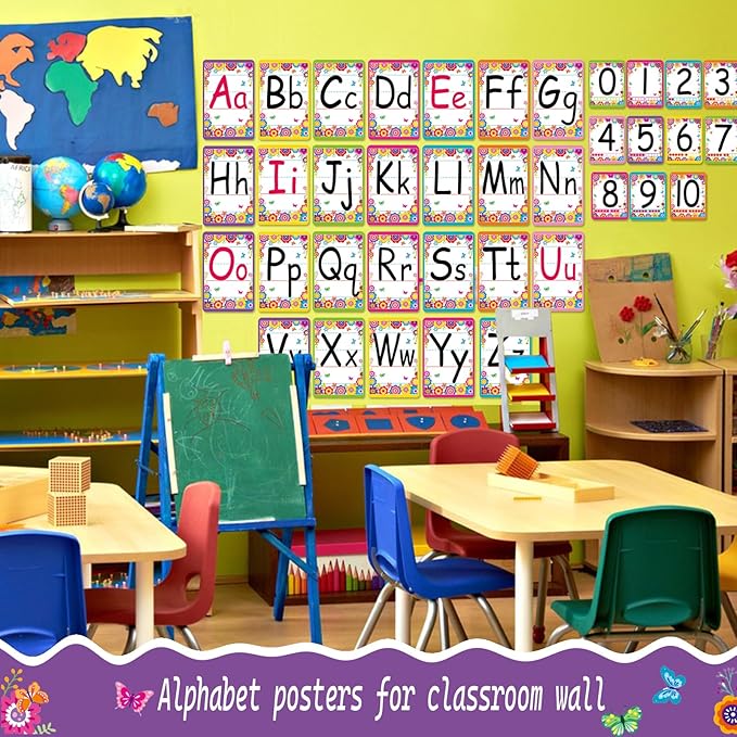 Bulletin Board Letters - ABC Alphabet Poster Classroom Decorating Set Toddler English Poster Kindergarten Elementary Classroom Nursery Home Wall Decoration（Colorful flowers）