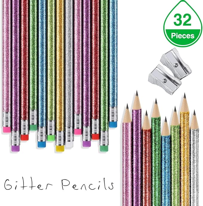 Outus 34 Pieces Glitter Pencils with Eraser Wood Colorful Pencils and Sharpeners for Graduation Kids Writing Painting