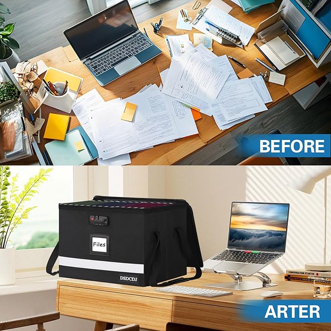 File Box with Lock - Portable File Box with Handle, Sturdy Important Document Organizer with Label, Slide, Reflective Strip for Hanging Letter/Legal Folder