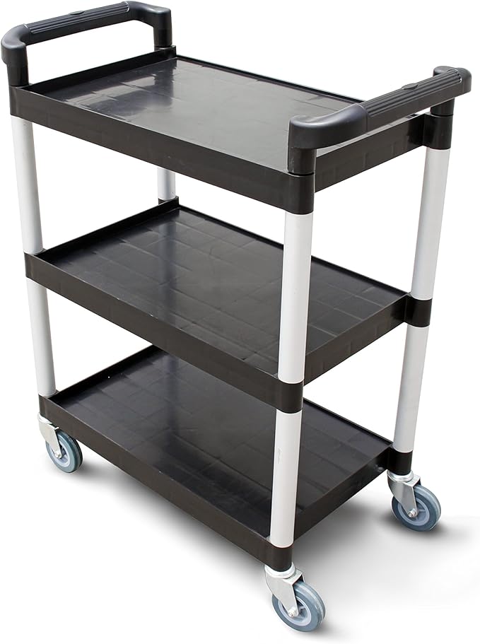 New Star Foodservice 54538 250-Pound Plastic 3-Tier Utility Bus Cart with Locking Casters, 32" x 16" x 38", Black