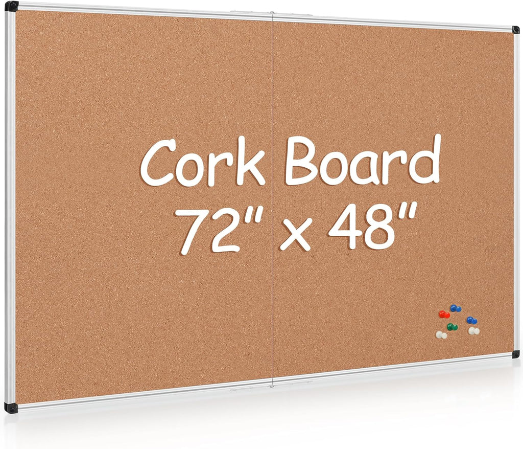Board2by Extra Large Cork Bulletin Board 72" X 48", Foldable Notice Pin Board for Wall, Silver Aluminum Framed 6'x4' Corkboard, Wall Mounted Noticeboard with 36 Push Pins for School, Home & Office