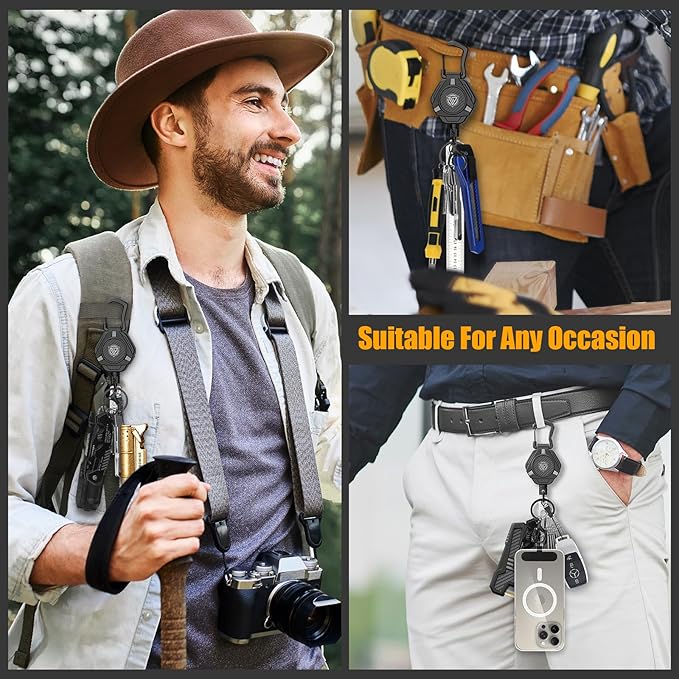 Oaridey Magnetic Retractable Keychain, Heavy Duty Carabiner Badge Holder with Phone Tether Tabs, Tactical ID Badge Reel with 31.8'' Coated Steel Cord and Lobster Clasp, Bearing 10.0 oz - 2 Pack