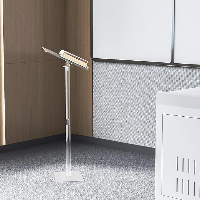 HMYHUM Acrylic Podium Stand, Angle Adjustable, Modern Lecterns & Pulpits for Classroom, Concert, Church, Speech, Easy Assembly, Metal Base, 23.6" L x 15.7" W x 42.3" H, Clear