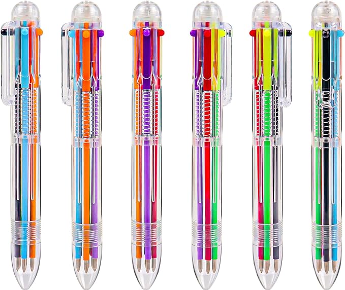 IHPUKIDI 6 Pack 0.5mm 6-in-1 Multicolor Ballpoint Pen, 6 Color Transparent Barrel Retractable Ballpoint Pens for Office School Supplies Students Gift