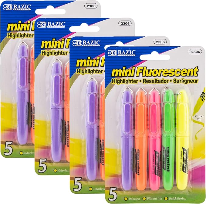 BAZIC Mini Highlighter Pen Assorted Color, Chisel Tip Broad Fine Line Highlighters, Unscented Highlighting Coloring for School Office (5/Pack), 4-Packs