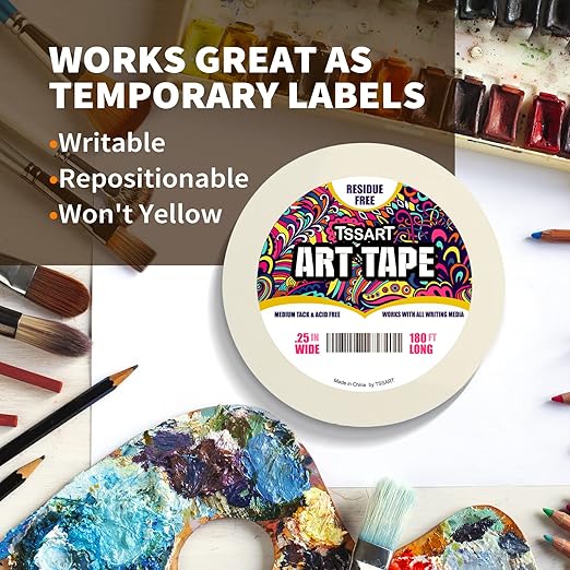 White Art Tape Medium Tack - Masking Artists Tape for Drafting Art Watercolor Painting Canvas Framing - Acid Free 1/4 Inch/ 0.25inch Wide 180FT Long