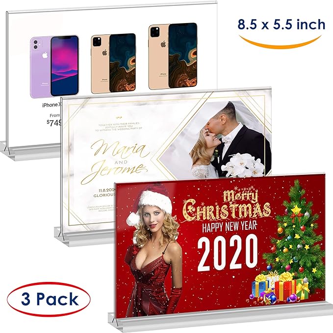 newnewshow Acrylic Sign Holder 8.5x5.5 Inch 3 Pack Horizontal T Shape Double-Sided Desktop Display Holder. (Optional 8.5x11 8.5x5.5 5x7 Horizontal and Vertical)
