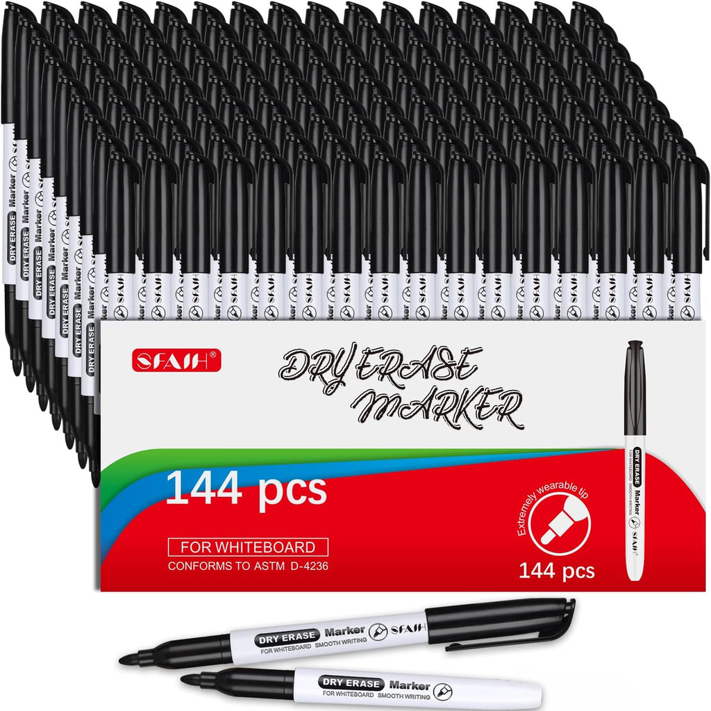 SFAIH Fine Tip Dry Erase Markers - 144 Pack Black Whiteboard Erasable Markers Bulk for Kids Adults, Ideal for Classroom School Office Home Use on White Board, Non-Toxic Easy Clean