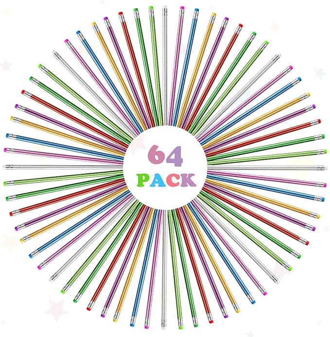 Outus 68 Pieces Glitter Pencils with Eraser Wood Colorful Pencils and Sharpeners for Graduation Kids Writing Painting