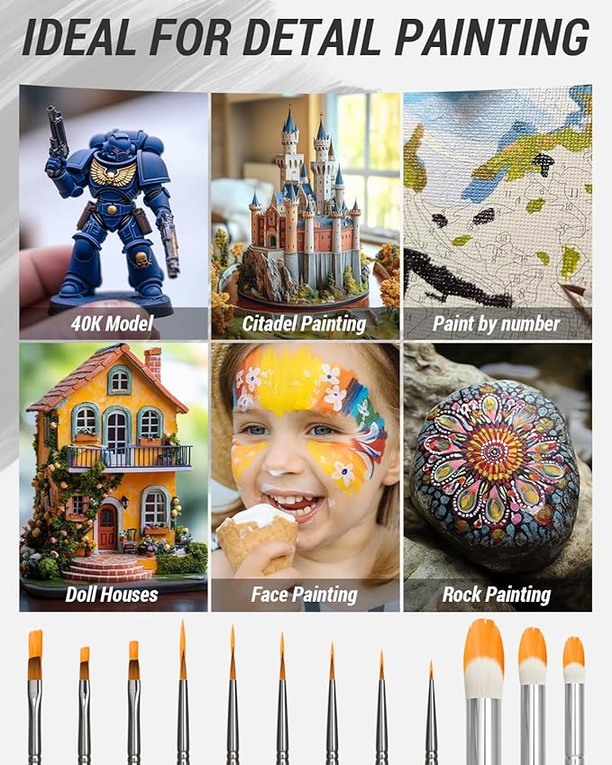 Nicpro Miniature Paint Brushes Dry Brush - 12PCS Model Paint Brush Set for Acrylic Watercolor, Detail Paint Brushes & Drybrush Set for Miniature Painting, 40k Model, Citadel, Wargames, Paint by Number