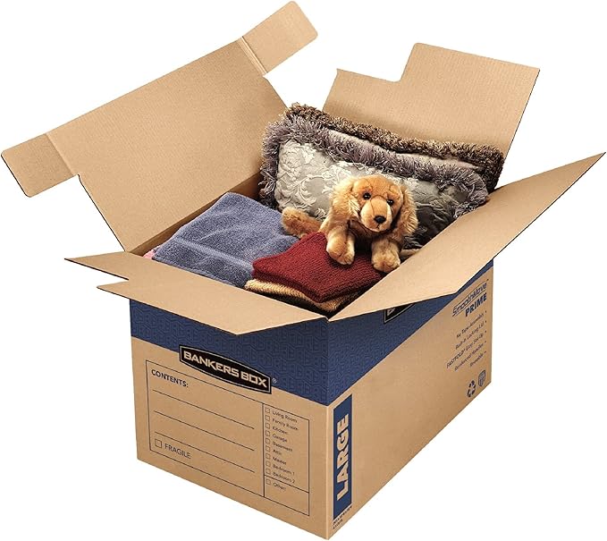 Bankers Box Large Prime Moving Box 6 Pack, Reinforced Handles, Tape-Free Assembly, Attached Lid, 18-in x 18-in x 24-in (0062904)