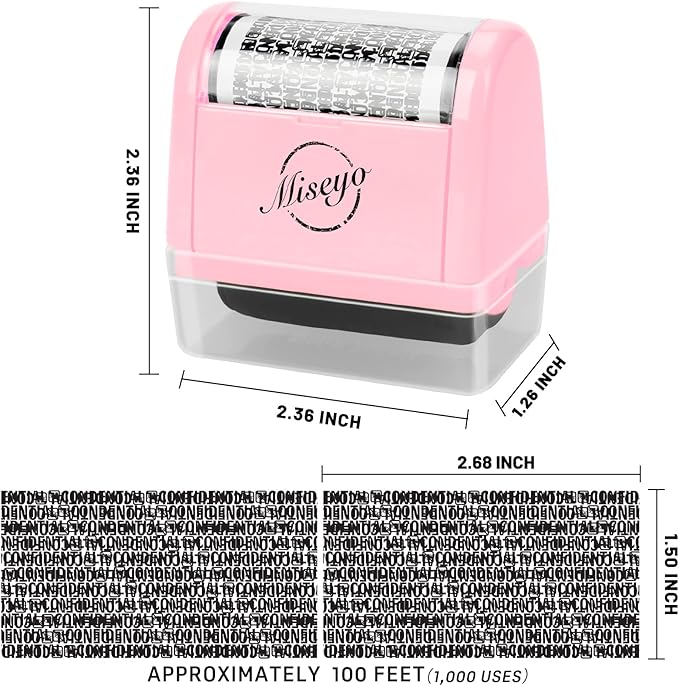 Miseyo Wide Identity Theft Protection Roller Stamp Set - Pink (3 Refill Ink Included)