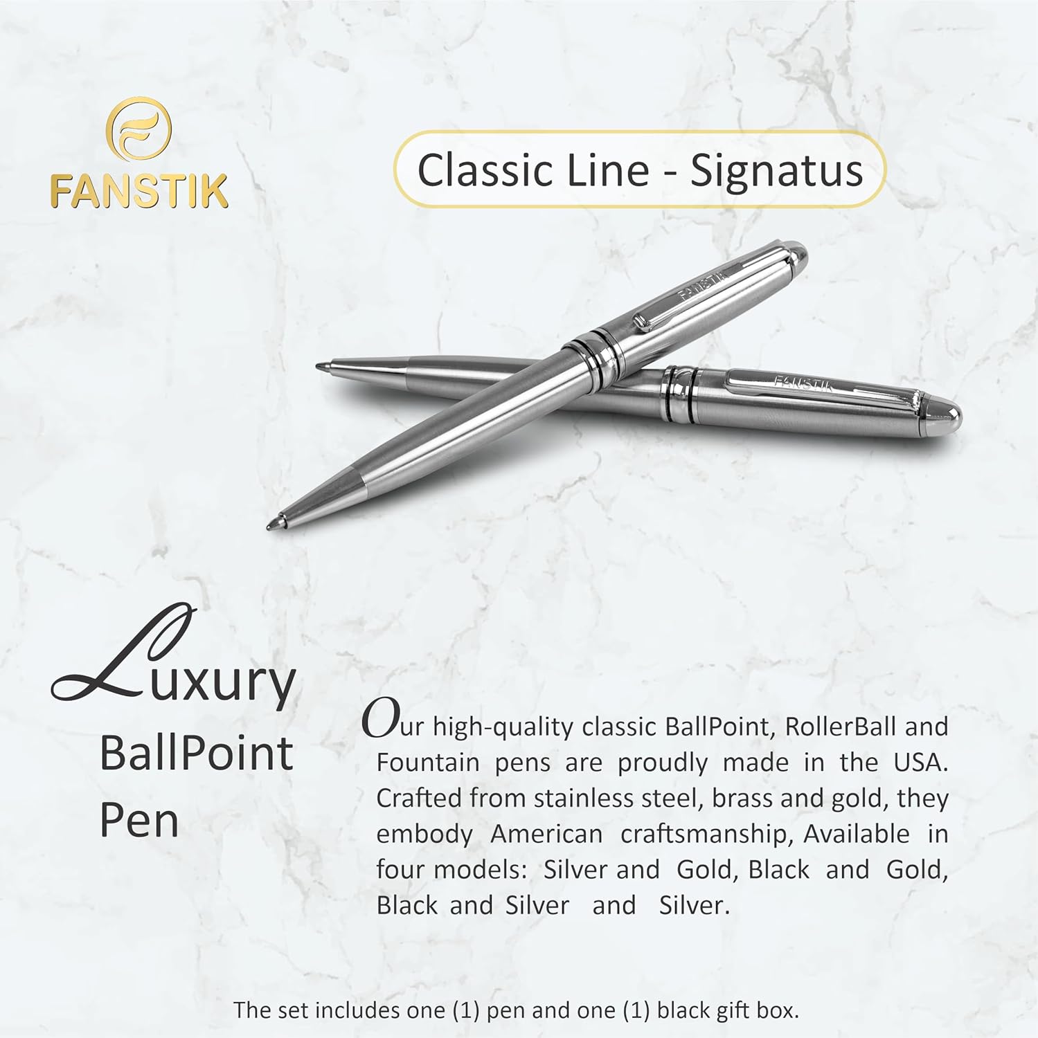 Customized BallPoint pen with name (MADE IN USA), stainless steel, Silver, luxury engraved pen personalized for men and for women. (BallPoint Silver)