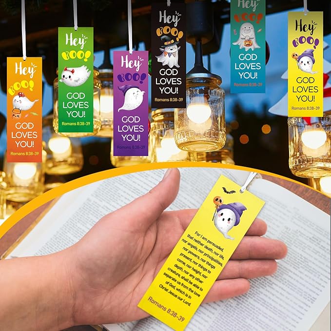 60 Pcs Halloween Bookmark Hey Boo God Loves You Bookmark Romans 8: 38-39 Ghost Christian Bookmarks VBS Exchange Gifts for Kids Adult Church School Classroom Prizes Party Favors